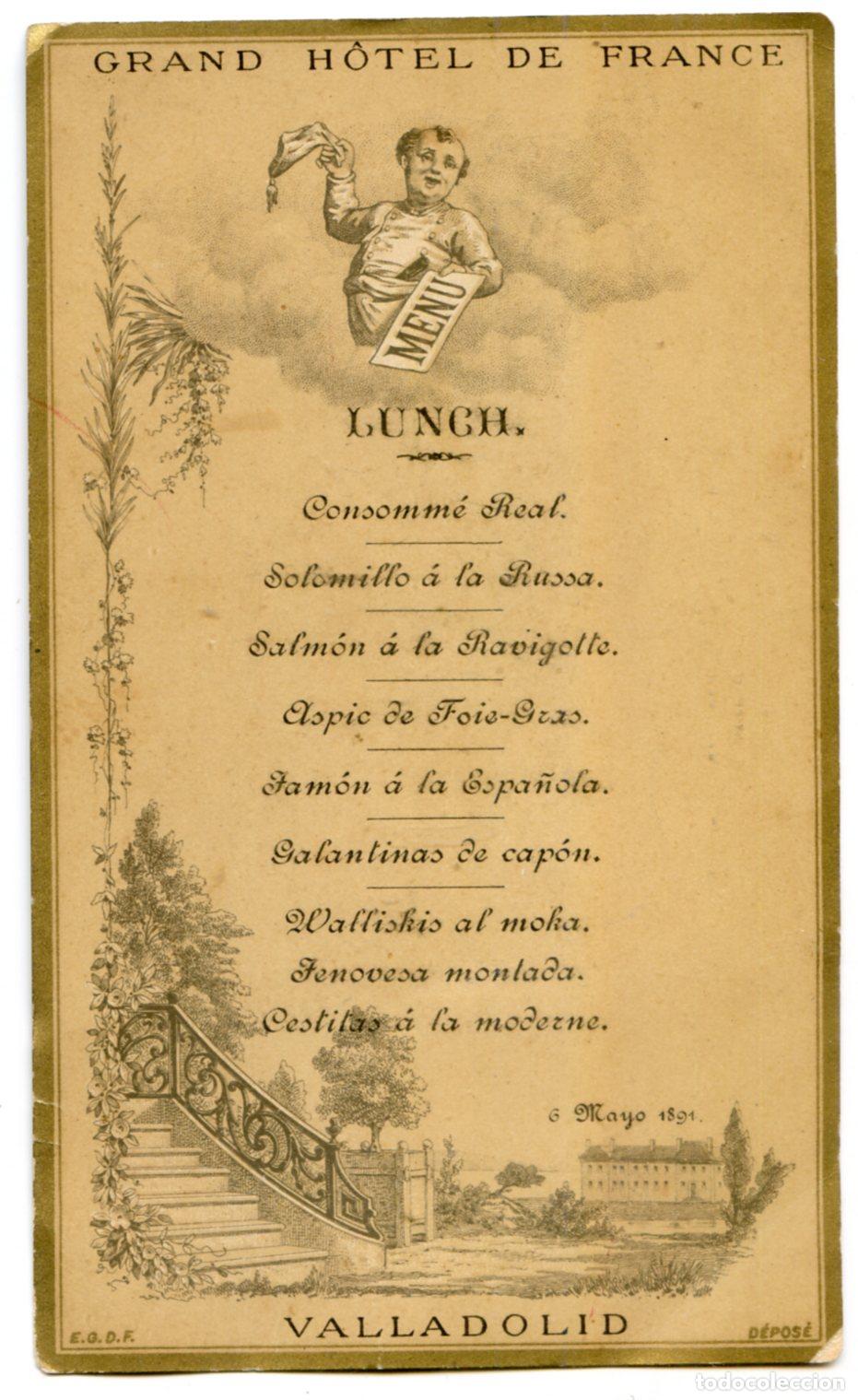 Altri oggetti di carta: Valladolid. Grand H&ocirc;tel de France, men&uacute; 6 de mayo de 1891, gastronom&iacute;a cocina