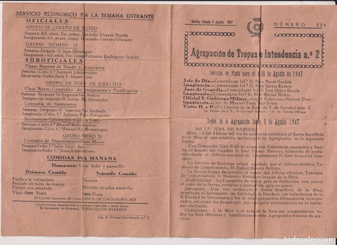 Otros Art&iacute;culos de Coleccionismo en Papel: Doble Hoja. Agrupaci&oacute;n de Tropas de Intendencia n&ordm; 2. Servicio de Plaza para el d&iacute;a 10 de Agosto de