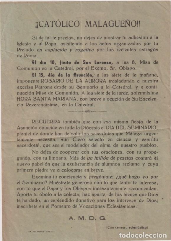 Otros Art&iacute;culos de Coleccionismo en Papel: Cartel de mano Dirigido a los Cat&oacute;licos malague&ntilde;o pidiendo su adhesi&oacute;n a la Iglesia y al Papa por lo