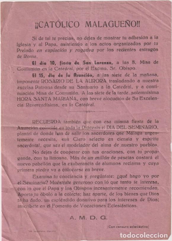 Otros Art&iacute;culos de Coleccionismo en Papel: Cartel de mano Dirigido a los Cat&oacute;licos malague&ntilde;o pidiendo su adhesi&oacute;n a la Iglesia y al Papa por lo