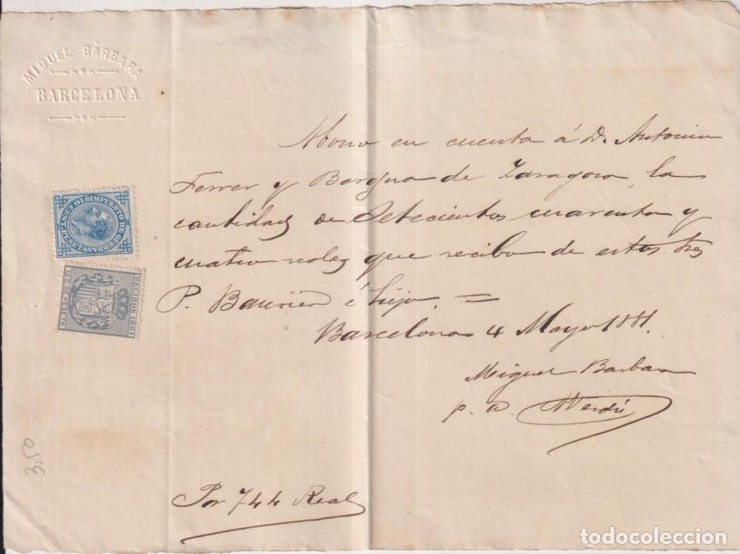 Otros Art&iacute;culos de Coleccionismo en Papel: Recibo de abono en cuenta por 744 Reales. Barcelona 4 mayo 1881. con Edifil 184 y G&aacute;lvez 45. Los dos