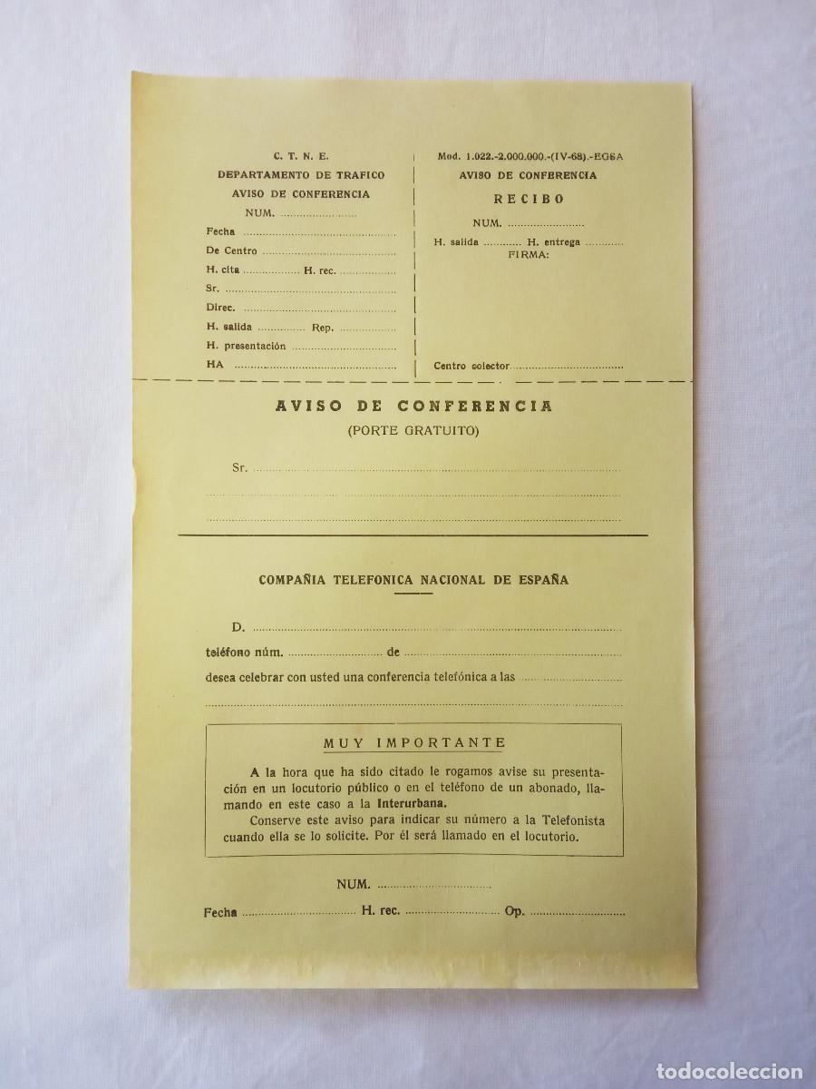 Collectionnisme Papier divers: Antigua Hoja Aviso Conferencia &ndash; Compa&ntilde;&iacute;a Telef&oacute;nica Nacional de Espa&ntilde;a &ndash; Buen estado