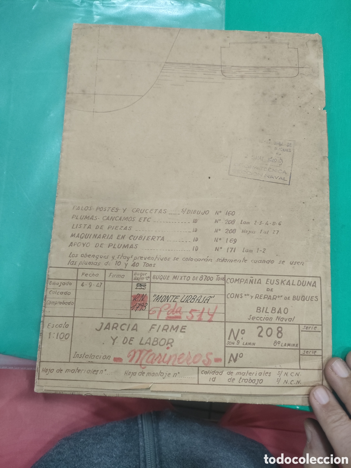 Paper Collecting Others: Plano BUQUE MONTE URBASA Compa&ntilde;&iacute;a EUSKALDUNA 1949 ORIGINAL con sello de la NAVAL