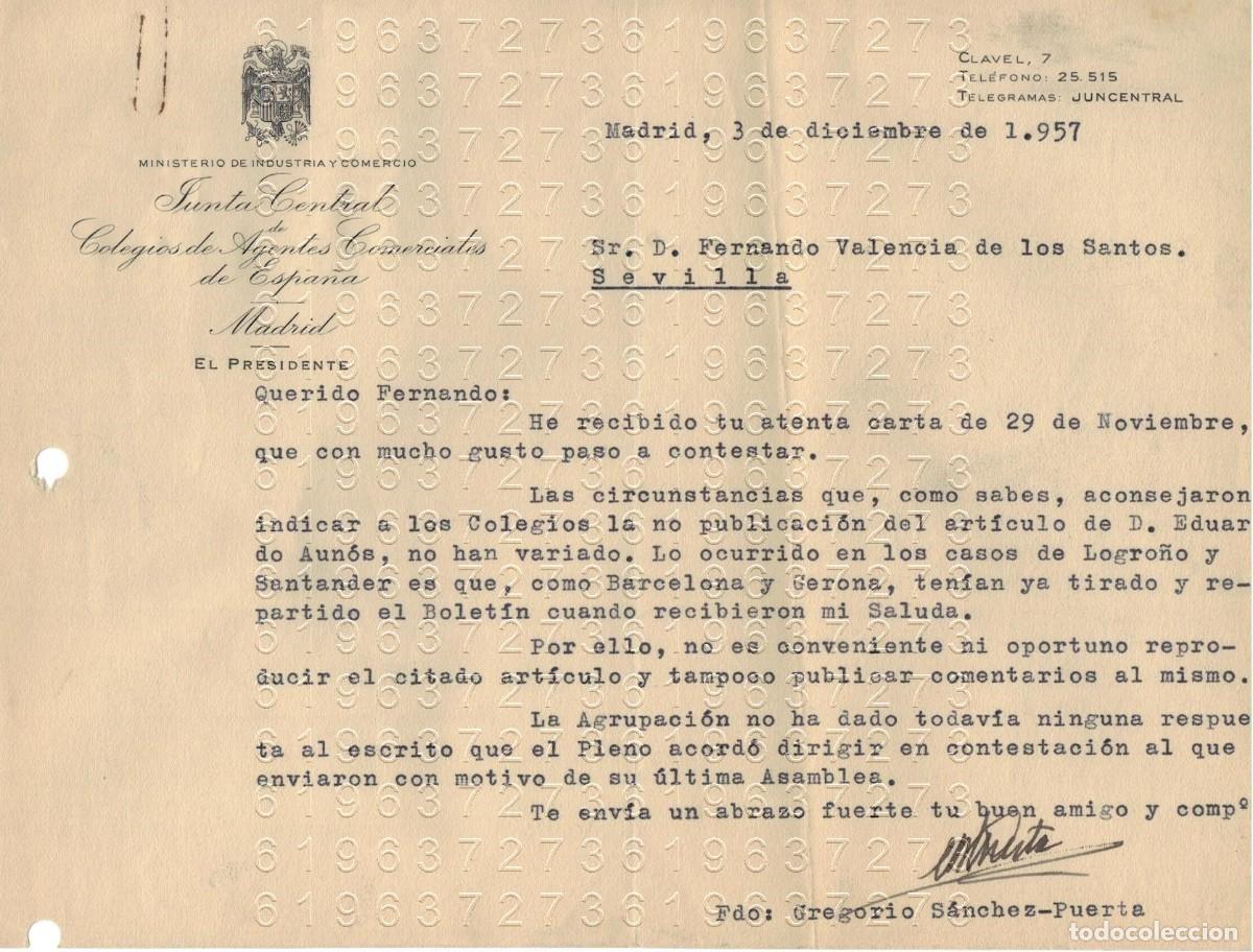 Otros Art&iacute;culos de Coleccionismo en Papel: GREGORIO SANCHEZ PUERTA CARTA 1957 M20