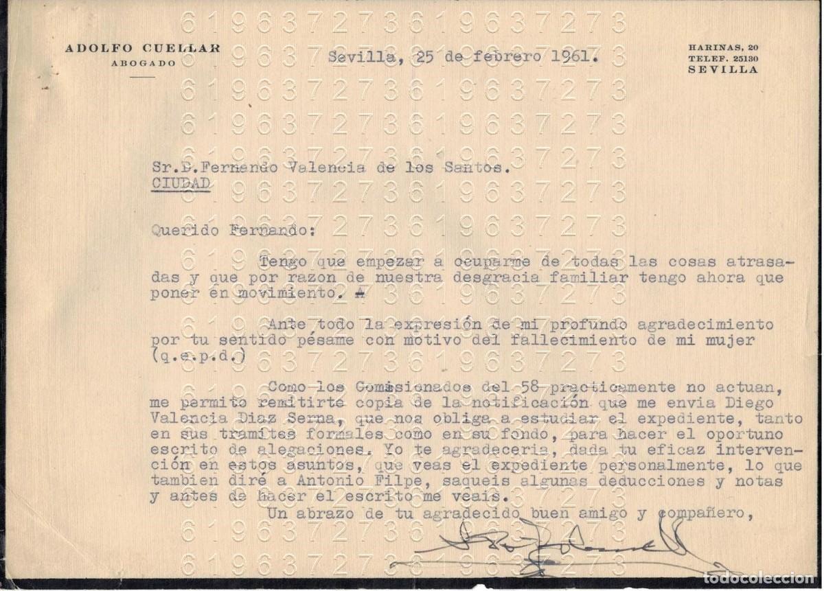 Otros Art&iacute;culos de Coleccionismo en Papel: ADOLFO CUELLAR SEVILLA CARTA 1961 M20