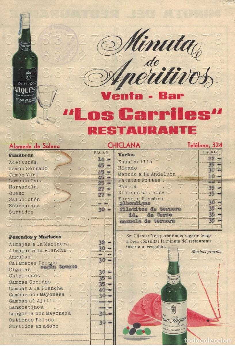 Otros Art&iacute;culos de Coleccionismo en Papel: CHICLANA VENTA BAR LOS CARRILES MINUTA TABLA DE PRECIOS M20