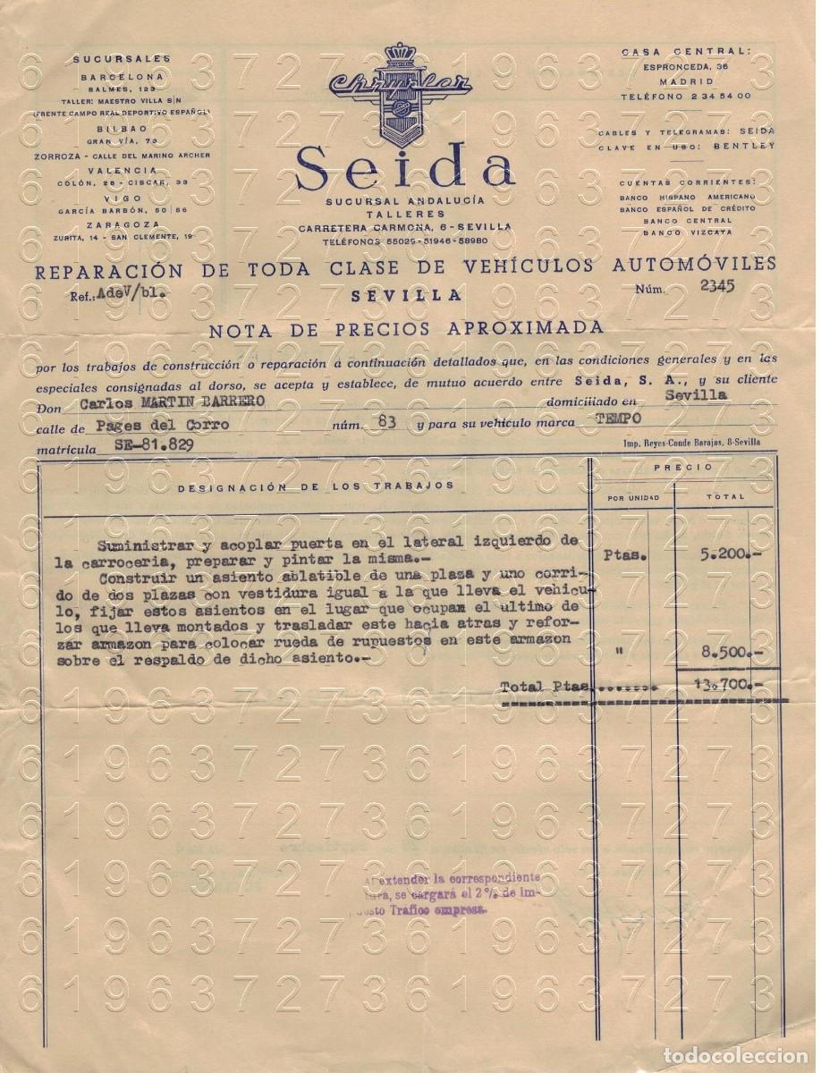 Otros Art&iacute;culos de Coleccionismo en Papel: SEVILLA SEIDA 2 FACTURAS 1964 VEHICULO TEMPO M20