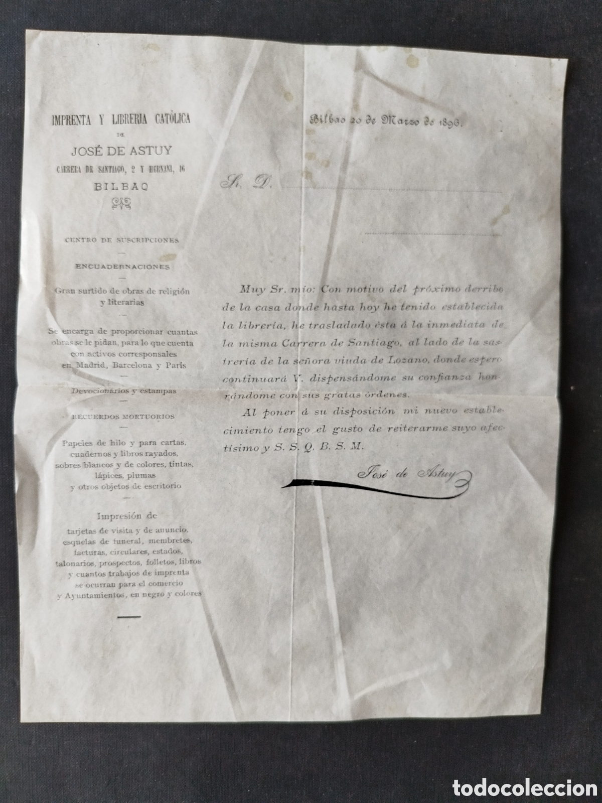 Otros Art&iacute;culos de Coleccionismo en Papel: JOS&Eacute; DE ASTUY. IMPRENTA Y LIBRERIA. BILBAO. PANFLETO DE CAMBIO DE UBICACI&Oacute;N DEL NEGOCIO. 1896