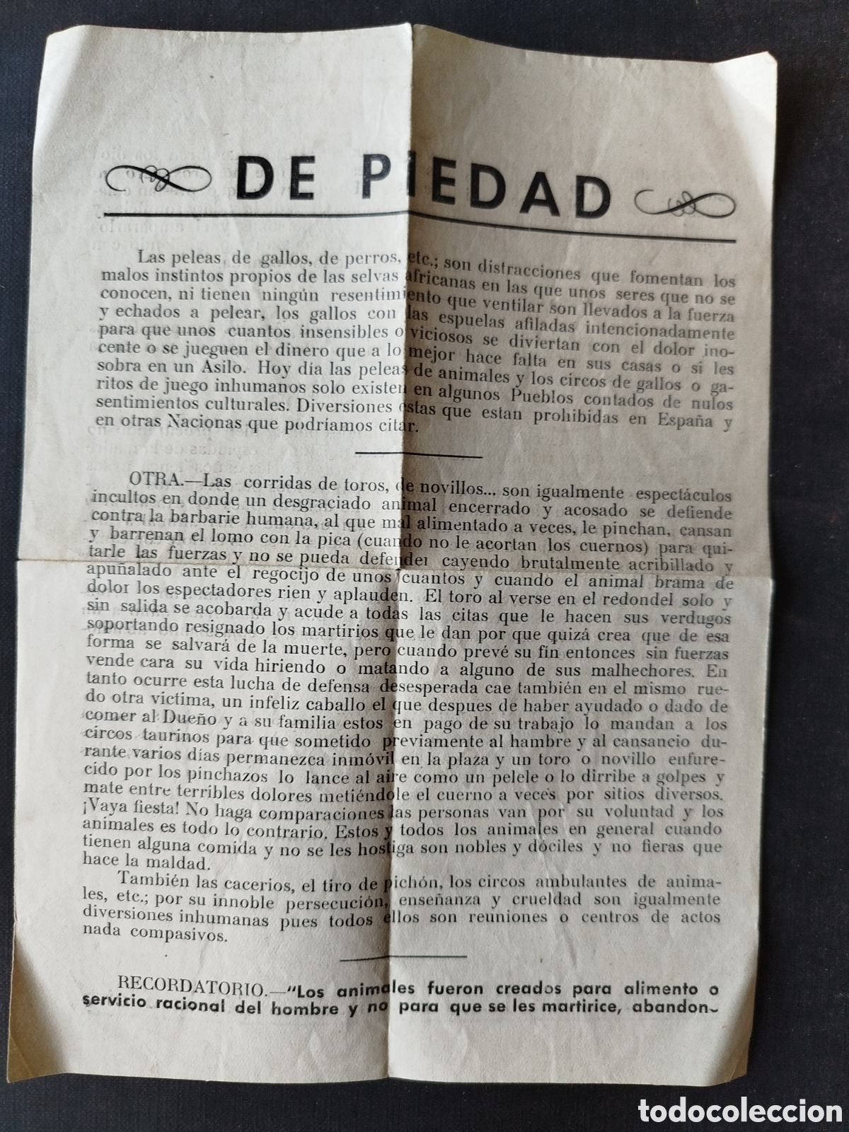 Otros Art&iacute;culos de Coleccionismo en Papel: DE PIEDAD 1929 FOLLETO ANTITAURINO Y EN DEFENSA DE LOS ANIMALES. UN GRUPO PROTECTOR MADRID