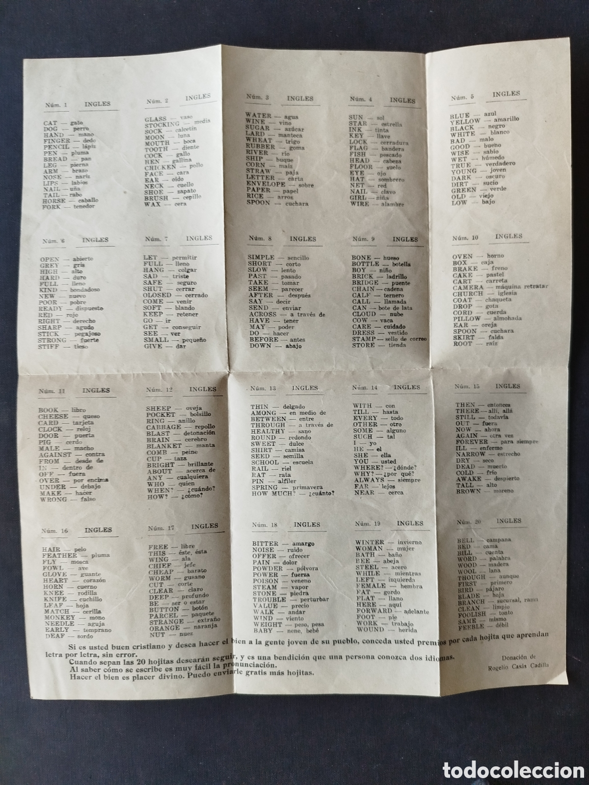 Otros Art&iacute;culos de Coleccionismo en Papel: PANFLETO PARA APRENDER INGL&Eacute;S. DONACI&Oacute;N DE ROGELIO CASAS CADILLA.
