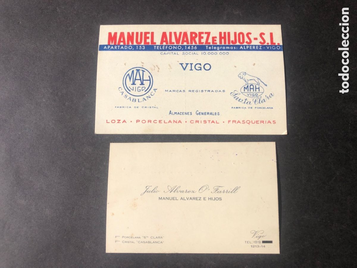 Altri oggetti di carta: Antiguas tarjetas comerciales MANUEL ALVAREZ e HIJOS S. L. VIGO