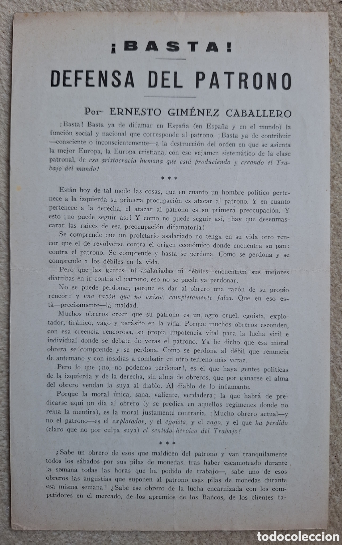 Otros Art&iacute;culos de Coleccionismo en Papel: Pasqu&iacute;n pol&iacute;tico 1935 &iexcl;BASTA! Defensa del Patrono &ndash; Ernesto Gim&eacute;nez Caballero Segunda Republica