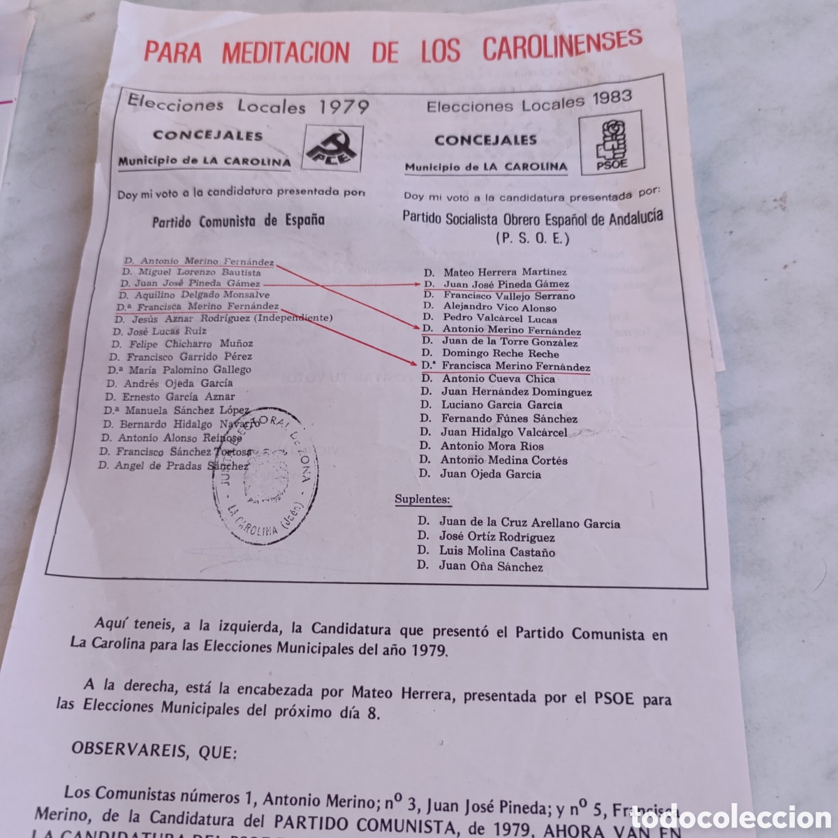Otros Art&iacute;culos de Coleccionismo en Papel: Folleto Pol&iacute;tico La Carolina (Ja&eacute;n) - Elecciones Municipales 1979 - 1983 - PCE / PSOE