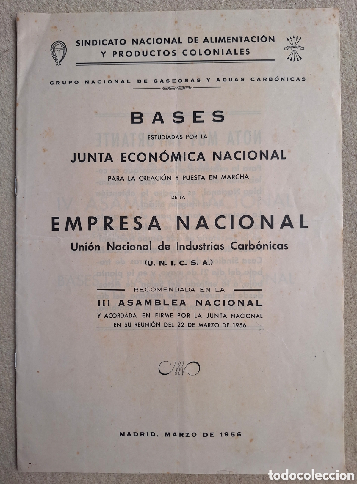 Paper Collecting Others: RARO Programa Creaci&oacute;n Empresa Nacional U.N.I.C.S.A. - Sindicato Gaseosas y Aguas Carb&oacute;nicas 1956