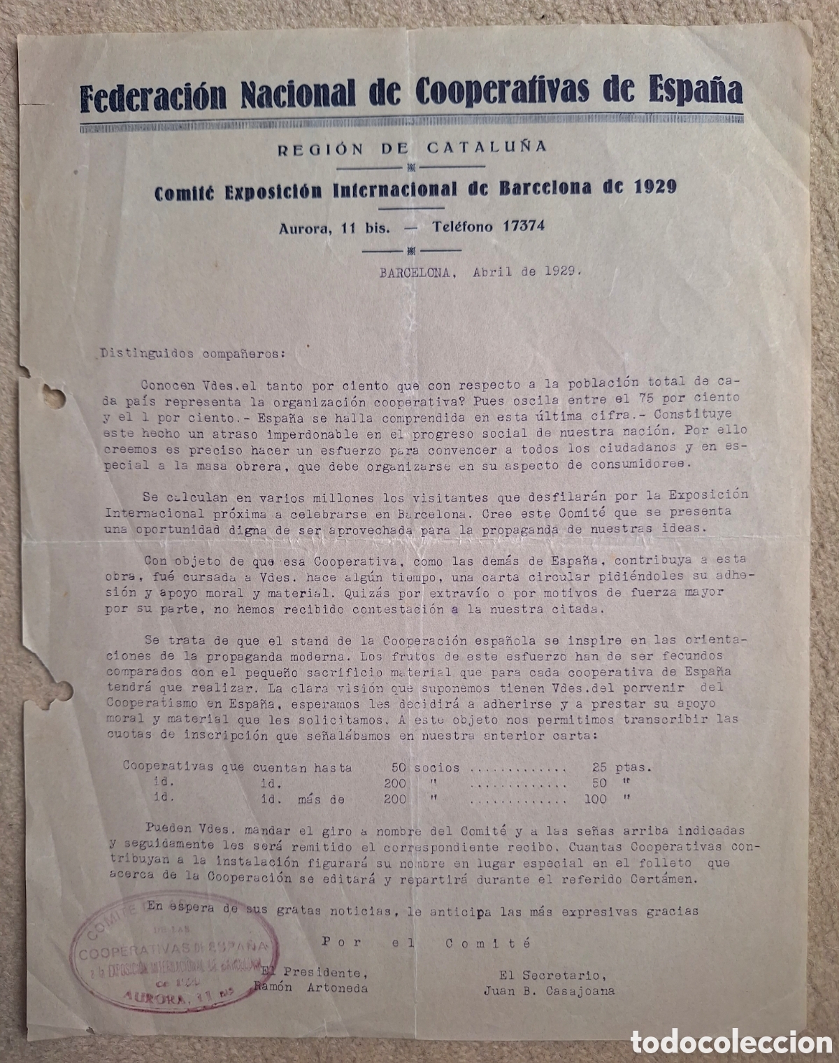 Otros Art&iacute;culos de Coleccionismo en Papel: 1929. Carta Federaci&oacute;n Nacional Cooperativas Espa&ntilde;a. Exposici&oacute;n Internacional Barcelona. Sello tinta