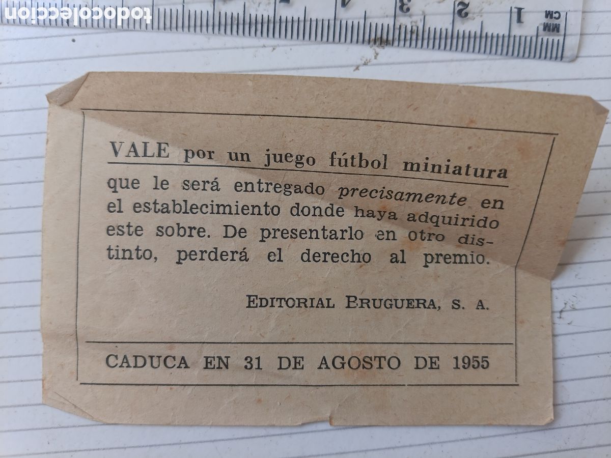 Otros Art&iacute;culos de Coleccionismo en Papel: vale por un juego f&uacute;tbol miniatura. Bruguera 1955