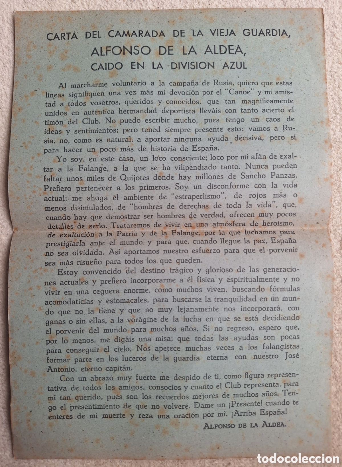Otros Art&iacute;culos de Coleccionismo en Papel: Carta del Camarada de la Vieja Guardia, Alfonso de La Aldea, ca&iacute;do en La Divisi&oacute;n Azul - Club Canoe