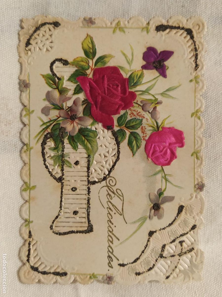 Outros artigos de papel: TARJETA ANTIGUA TROQUELADA CON MOTIVOS FLORALES -(116.141)