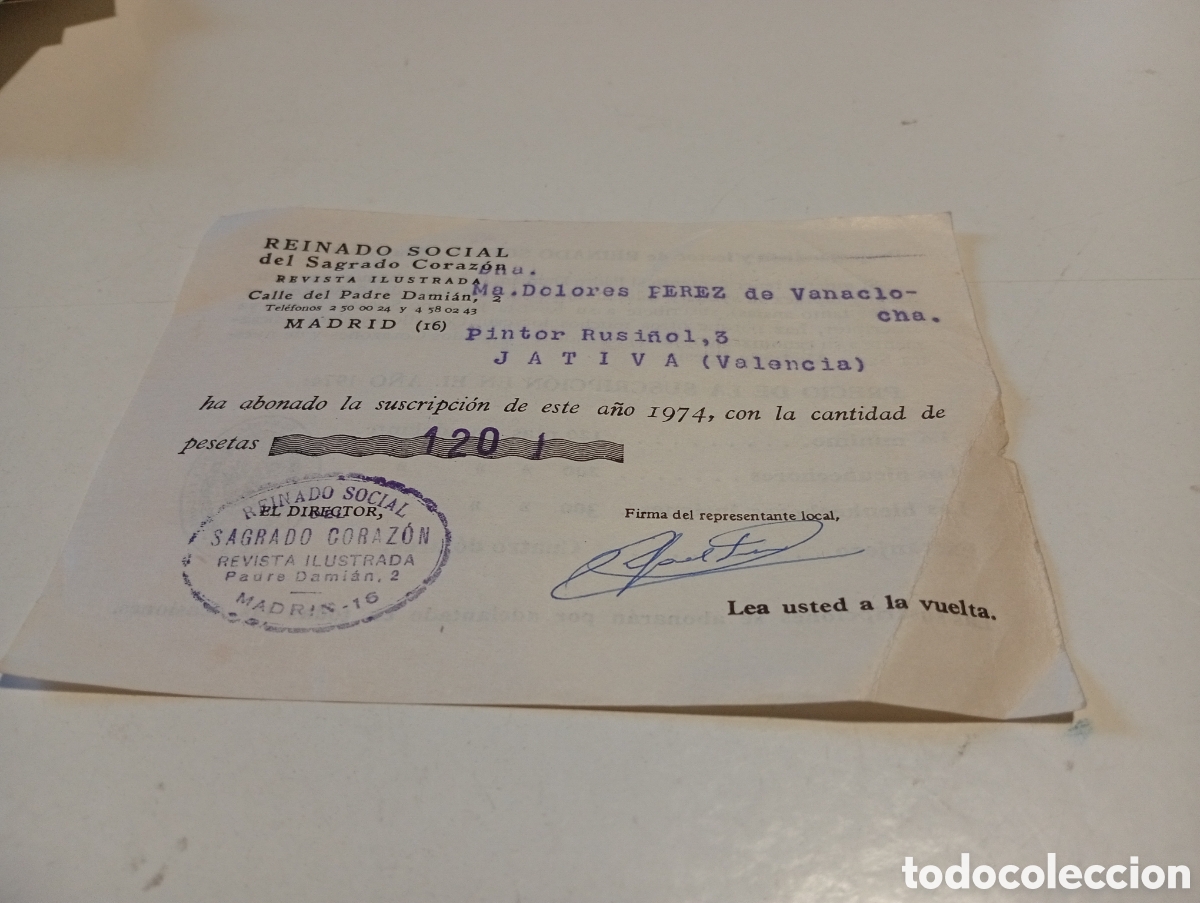 Otros Art&iacute;culos de Coleccionismo en Papel: Recibo revista Reinado Social del sagrado coraz&oacute;n, J&aacute;tiva 1974