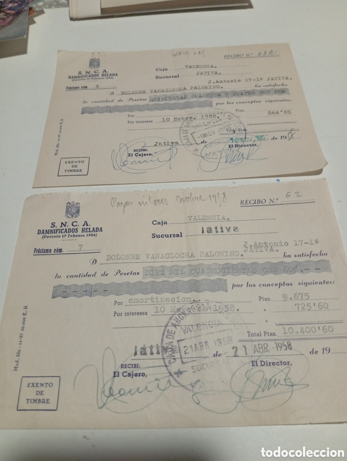 Otros Art&iacute;culos de Coleccionismo en Papel: Recibos S.N.C.A damnificados helada 1958 J&aacute;tiva