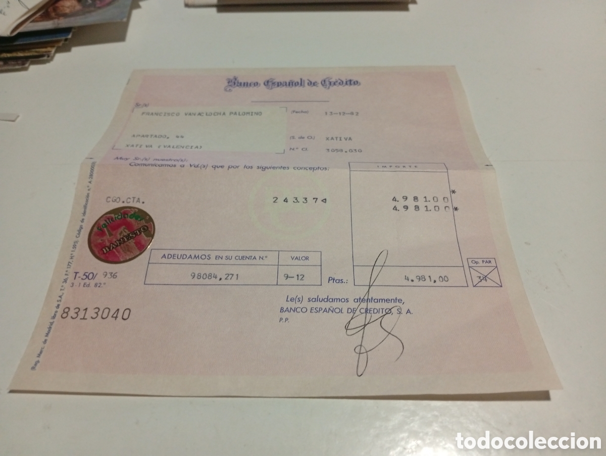 Otros Art&iacute;culos de Coleccionismo en Papel: Banco Espa&ntilde;ol de Cr&eacute;dito, J&aacute;tiva 1982 pegatina felicidades Banesto