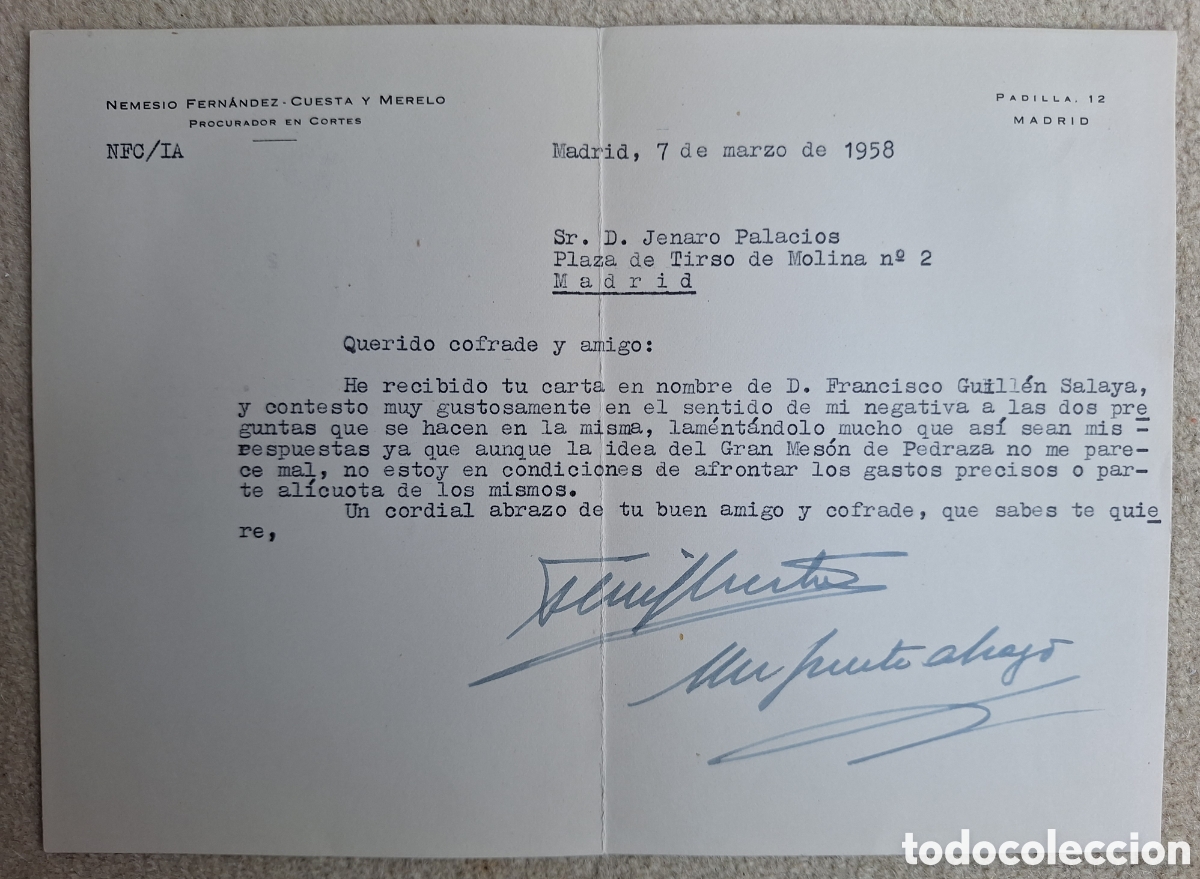 Otros Art&iacute;culos de Coleccionismo en Papel: Carta 1958 Nemesio Fern&aacute;ndez-Cuesta Firmada - Fundador diario MARCA