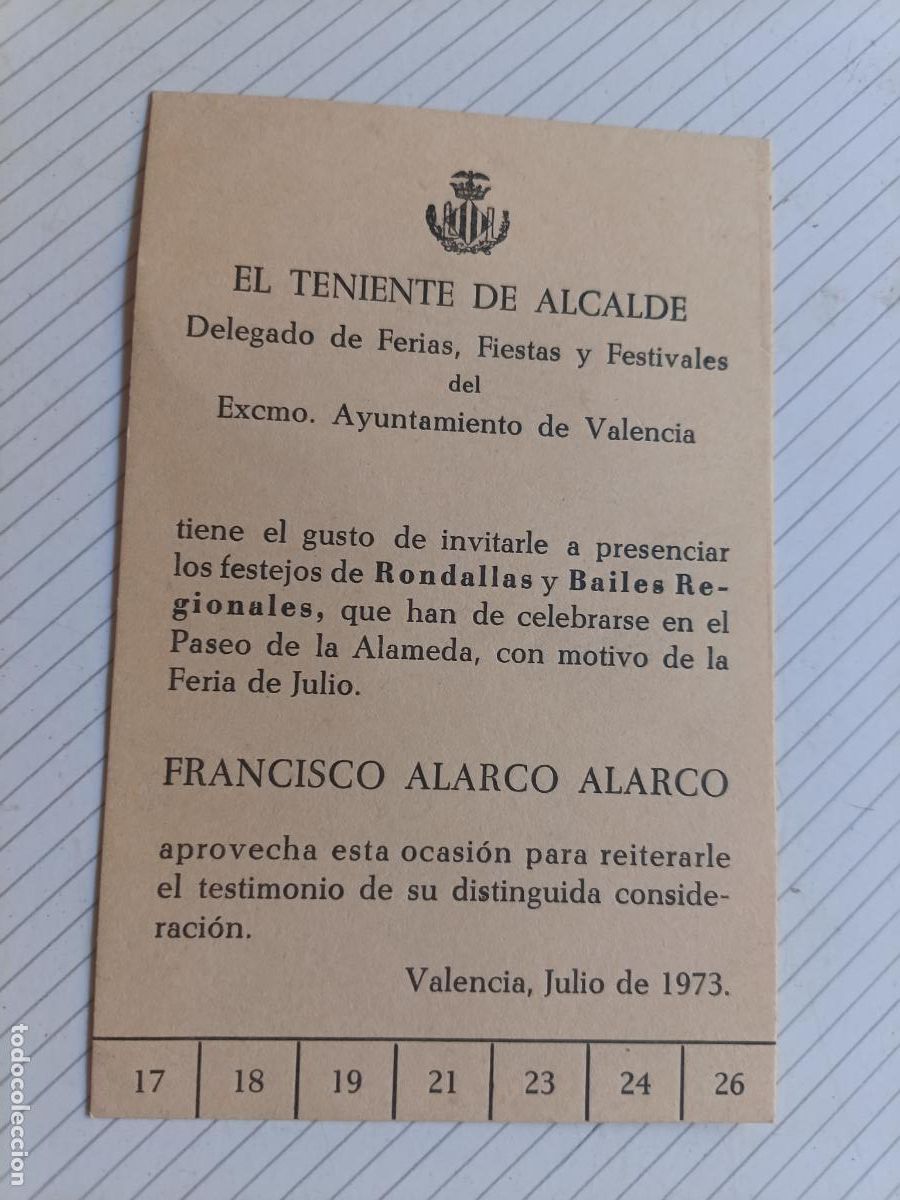 Otros Art&iacute;culos de Coleccionismo en Papel: Teniente de alcalde de Valencia. invitaci&oacute;n a rondallas y bailes regionales 1973