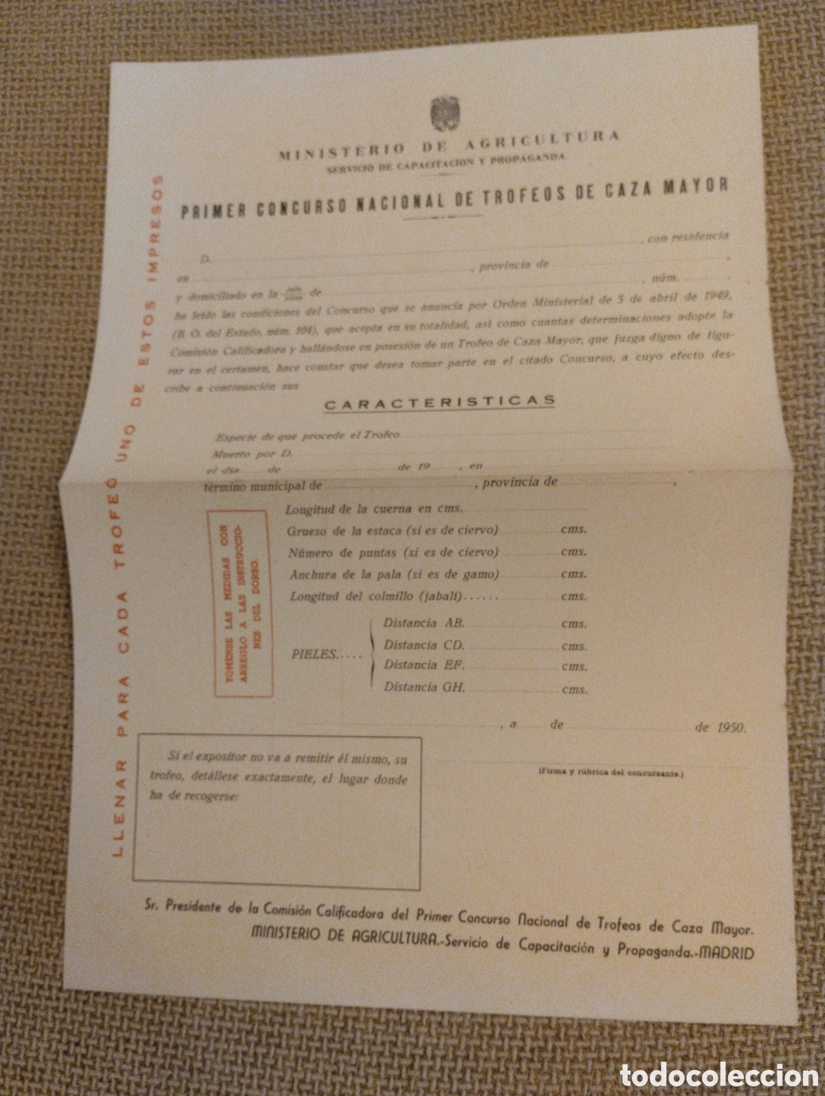 Sammelleidenschaft Andere Papierartikel: Impreso antiguo Primer Concurso Nacional de Trofeos de Caza Mayor