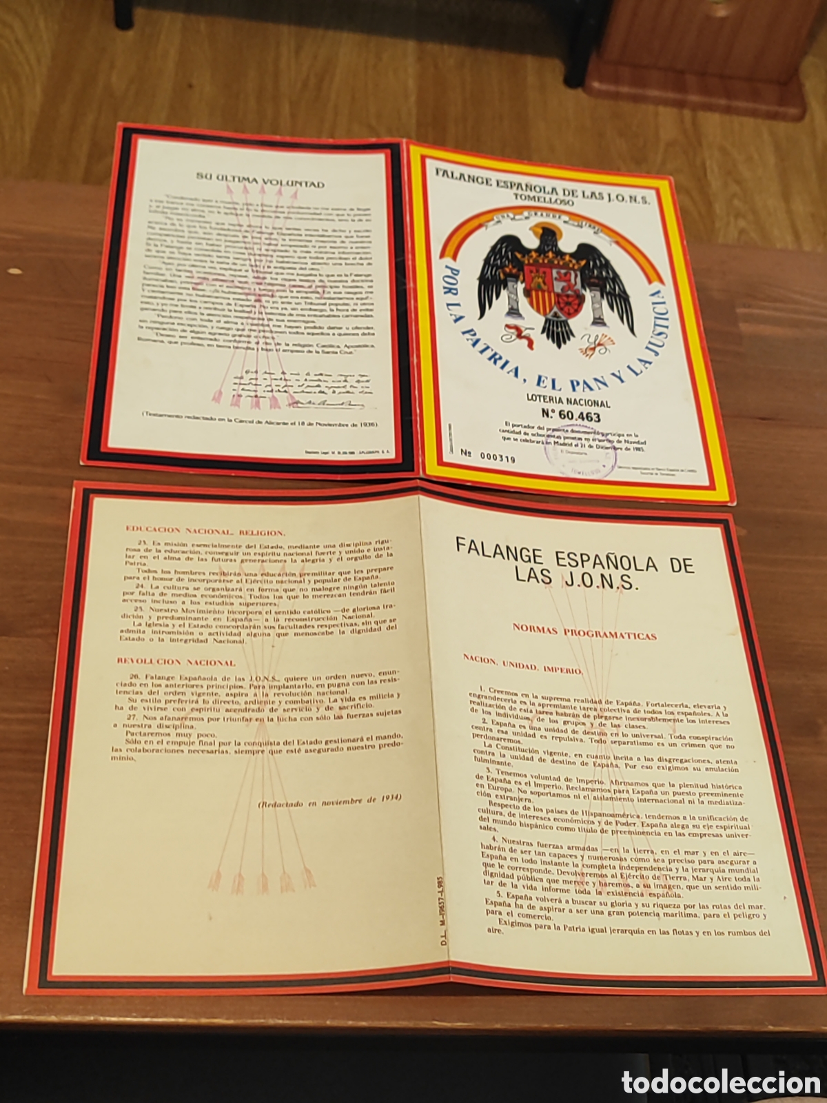 Otros Art&iacute;culos de Coleccionismo en Papel: Falange espa&ntilde;ola loter&iacute;a 1985