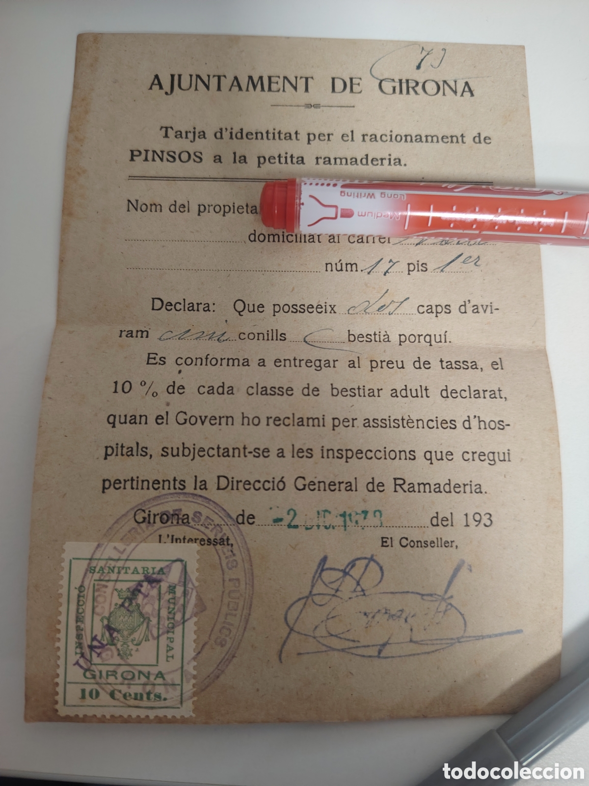 Otros Art&iacute;culos de Coleccionismo en Papel: Tarjeta racionamiento piensos. Girona. Catalunya