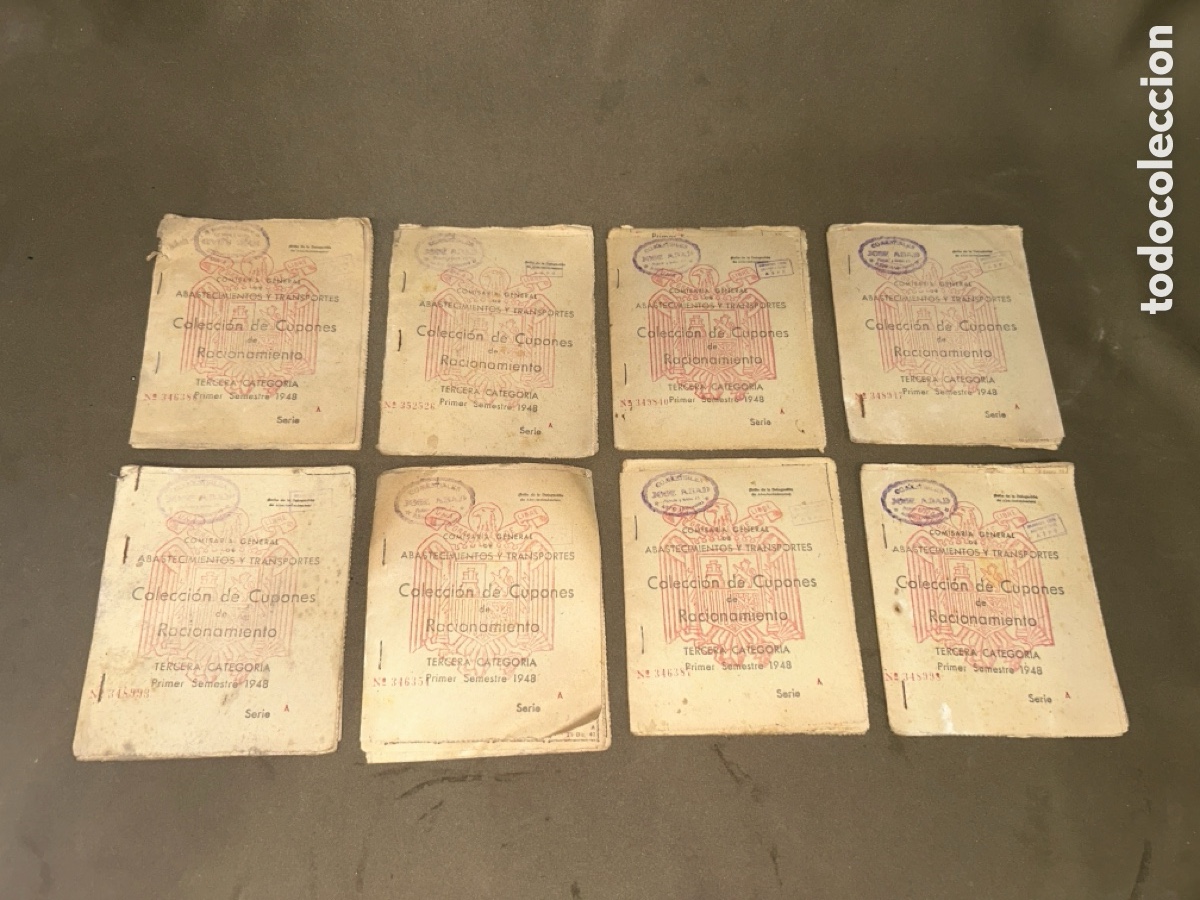 Sammelleidenschaft Andere Papierartikel: LOTE DE 8 CARTILLAS DE RACIONAMIENTO, COLECCI&Oacute;N DE CUPONES TERCERA CATEGOR&Iacute;A 1er SEMESTRE 1948(ASPE)