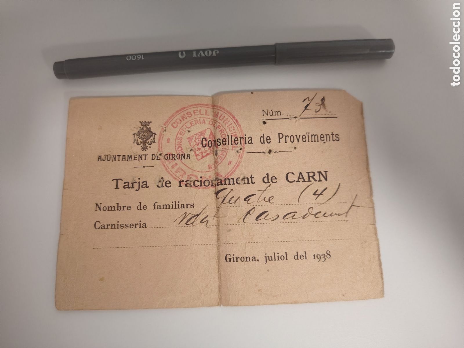 Otros Art&iacute;culos de Coleccionismo en Papel: Tarjeta racionamiento carne. 1938. Girona. Catalunya