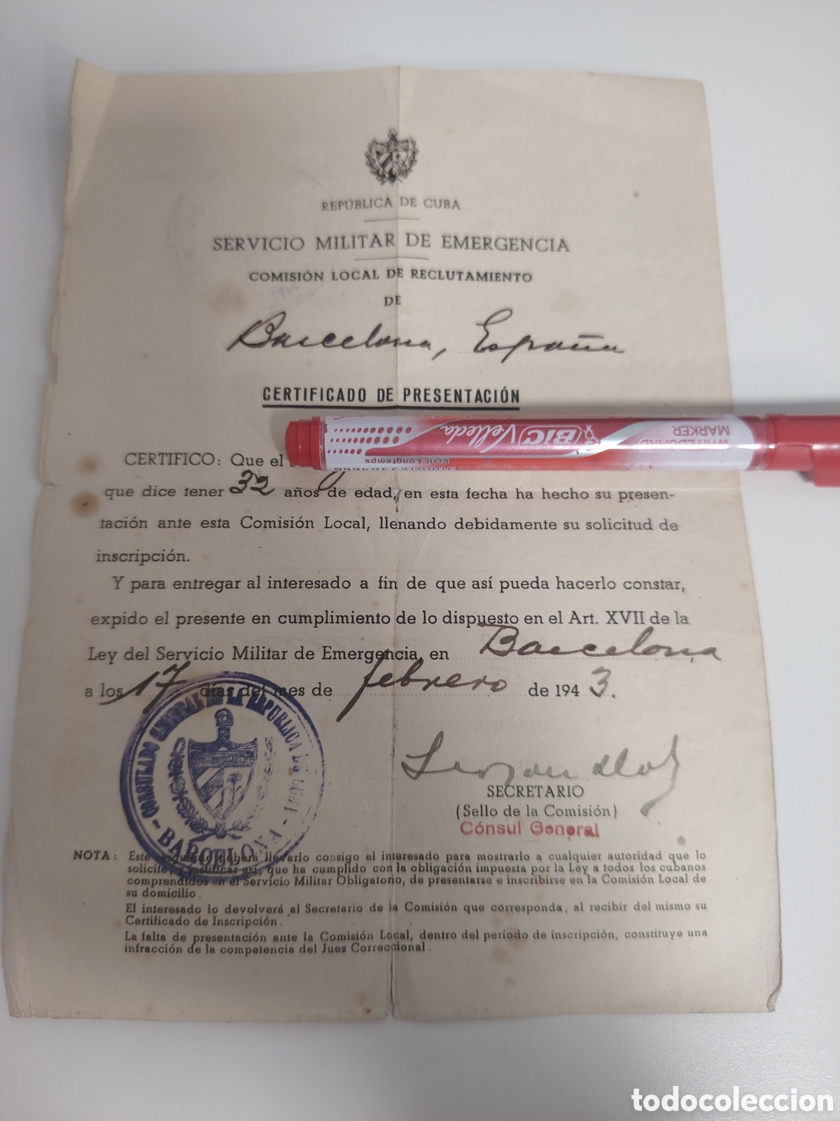 Otros Art&iacute;culos de Coleccionismo en Papel: Servicio militar de Emergencia Barcelona. Rep&uacute;blica Cuba. 1943