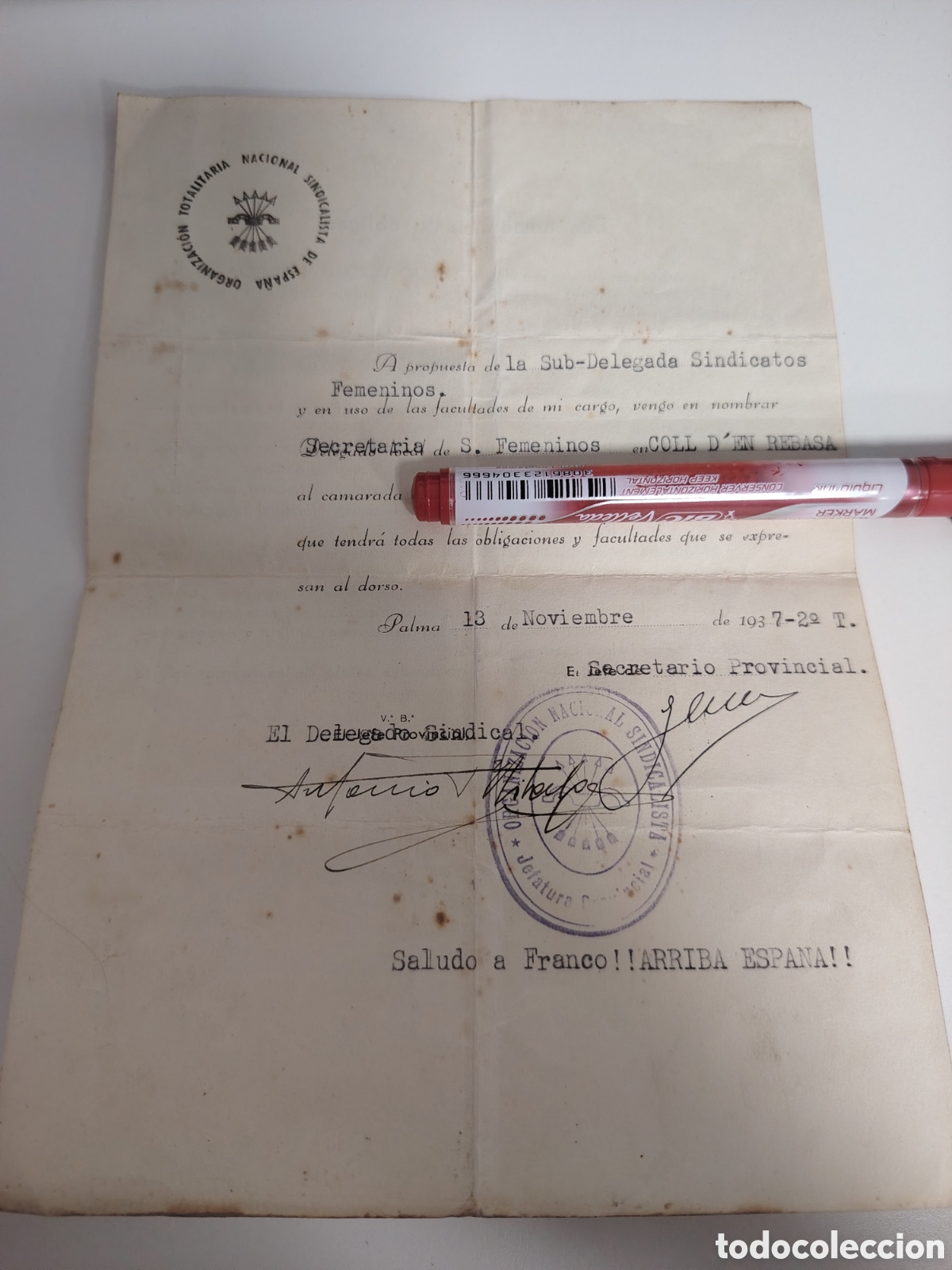 Otros Art&iacute;culos de Coleccionismo en Papel: Nombramiento secretar&iacute;a sindicatos femeninos. 1937. Coll d'en Rabassa. Palma. Baleares