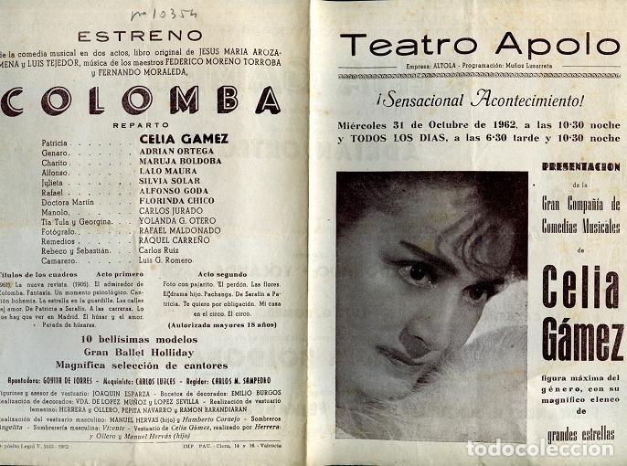 Otros Art&iacute;culos de Coleccionismo en Papel: PROGRAMA teatro Apolo VALENCIA octubre 1962, CELIA GAMEZ,