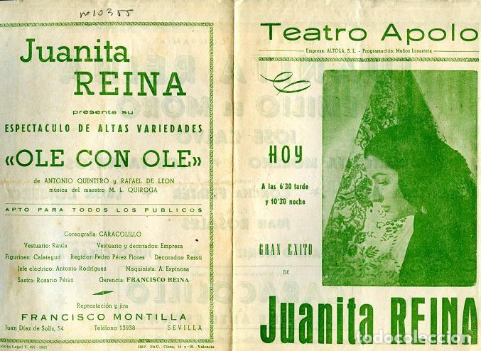 Otros Art&iacute;culos de Coleccionismo en Papel: PROGRAMA teatro Apolo VALENCIA 1963, JUANITA REINA,