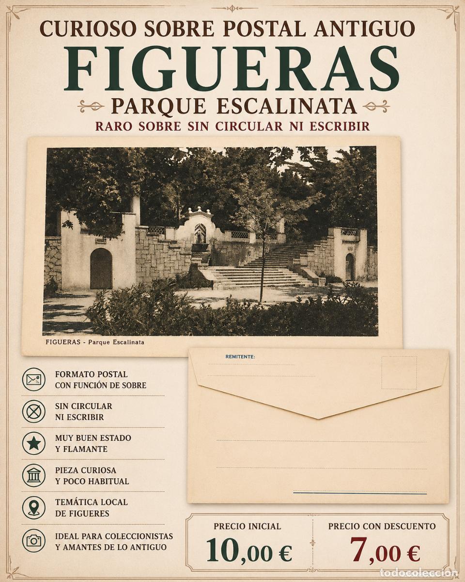 Otros Art&iacute;culos de Coleccionismo en Papel: RARO SOBRE POSTAL DE FIGUERES &ndash; PARQUE ESCALINATA &ndash; SIN CIRCULAR