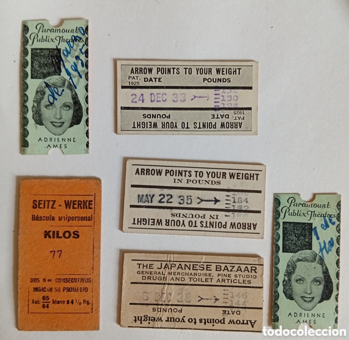 Otros Art&iacute;culos de Coleccionismo en Papel: Lote de 6 Tickets de peso o bascula muy antiguos carton a&ntilde;os 30
