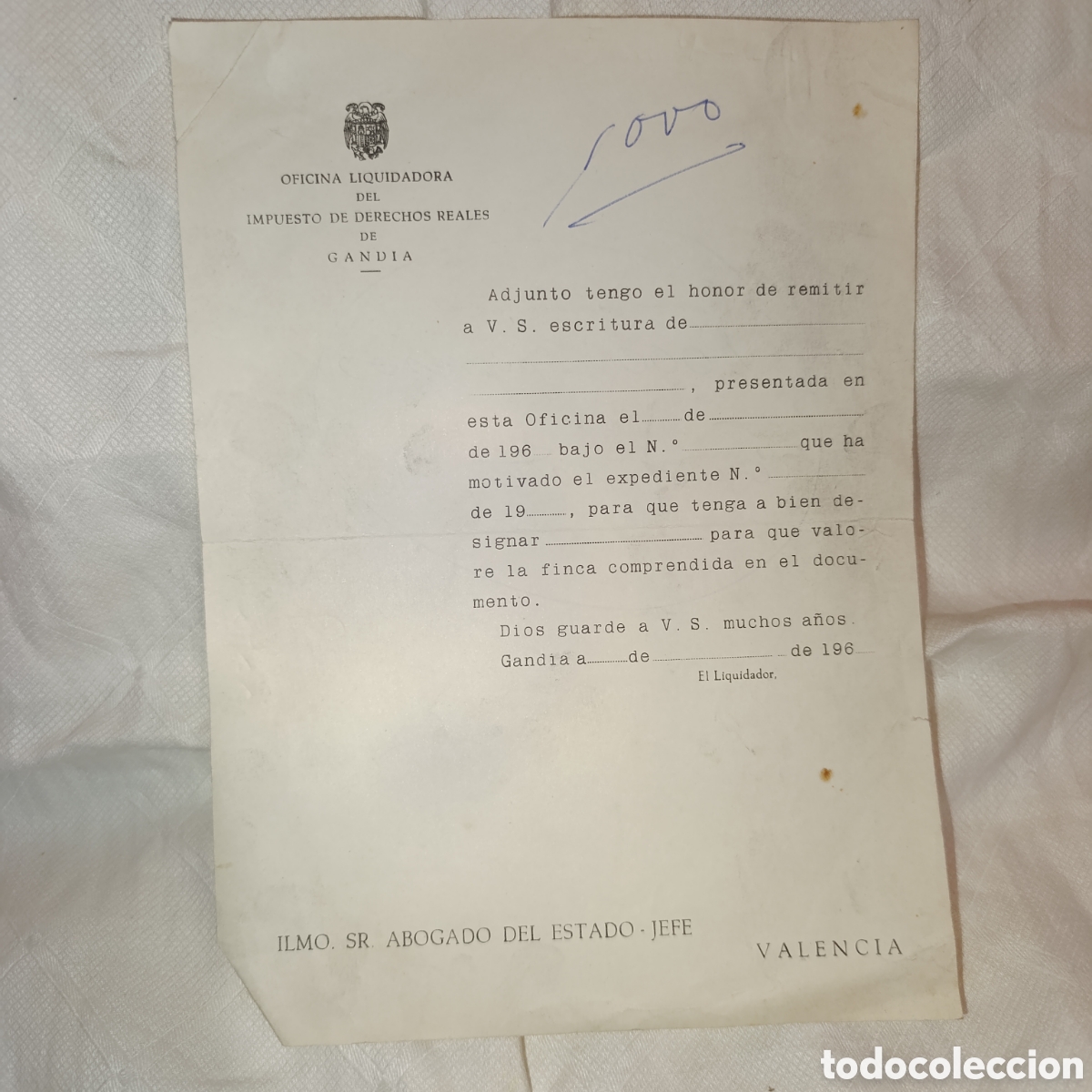 Otros Art&iacute;culos de Coleccionismo en Papel: Gand&iacute;a,oficina liquidadora impuestos reales,a&ntilde;os 60