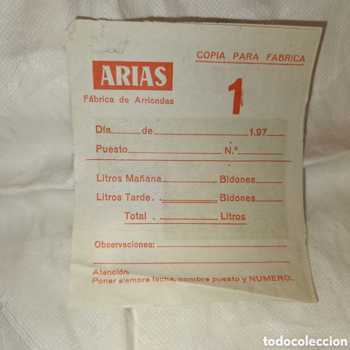 Otros Art&iacute;culos de Coleccionismo en Papel: Arriondas, Asturias,registro producci&oacute;n leche,a&ntilde;os 70,con calca