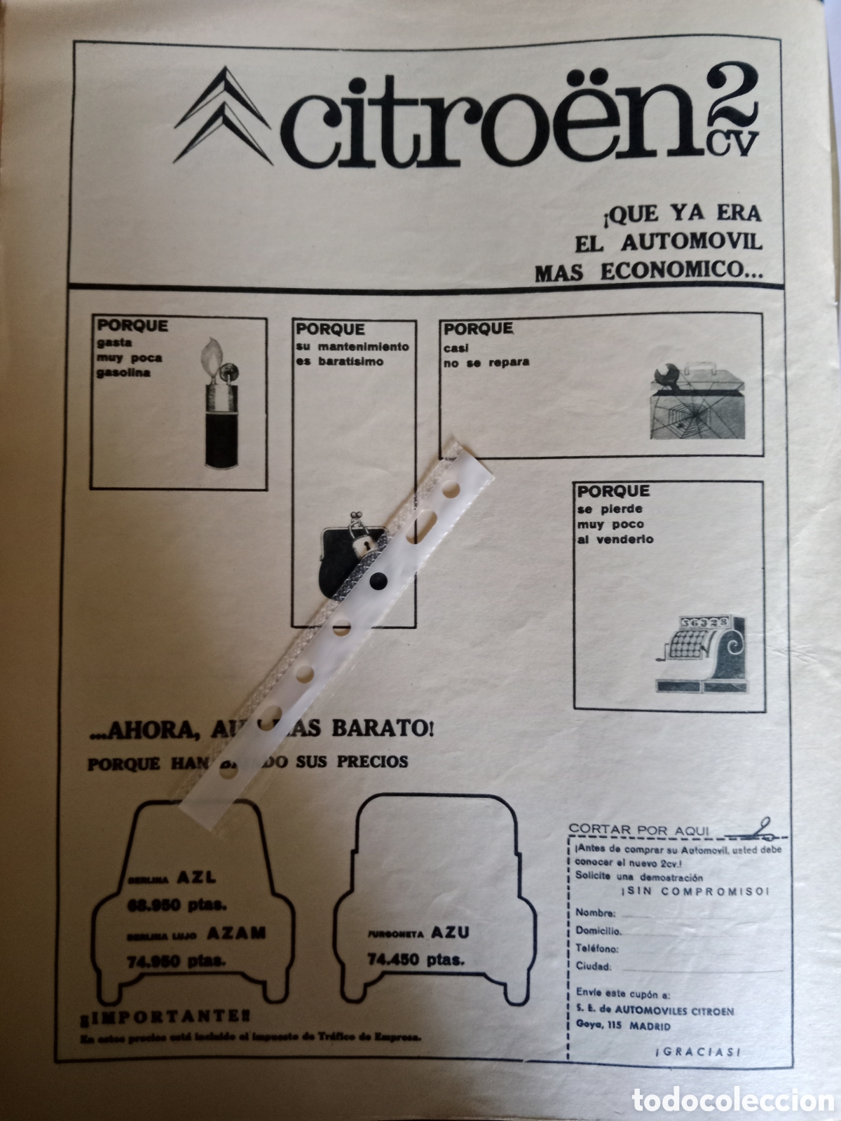 Otros Art&iacute;culos de Coleccionismo en Papel: Publicidad autom&oacute;vil Citroen 2 CV de 1966