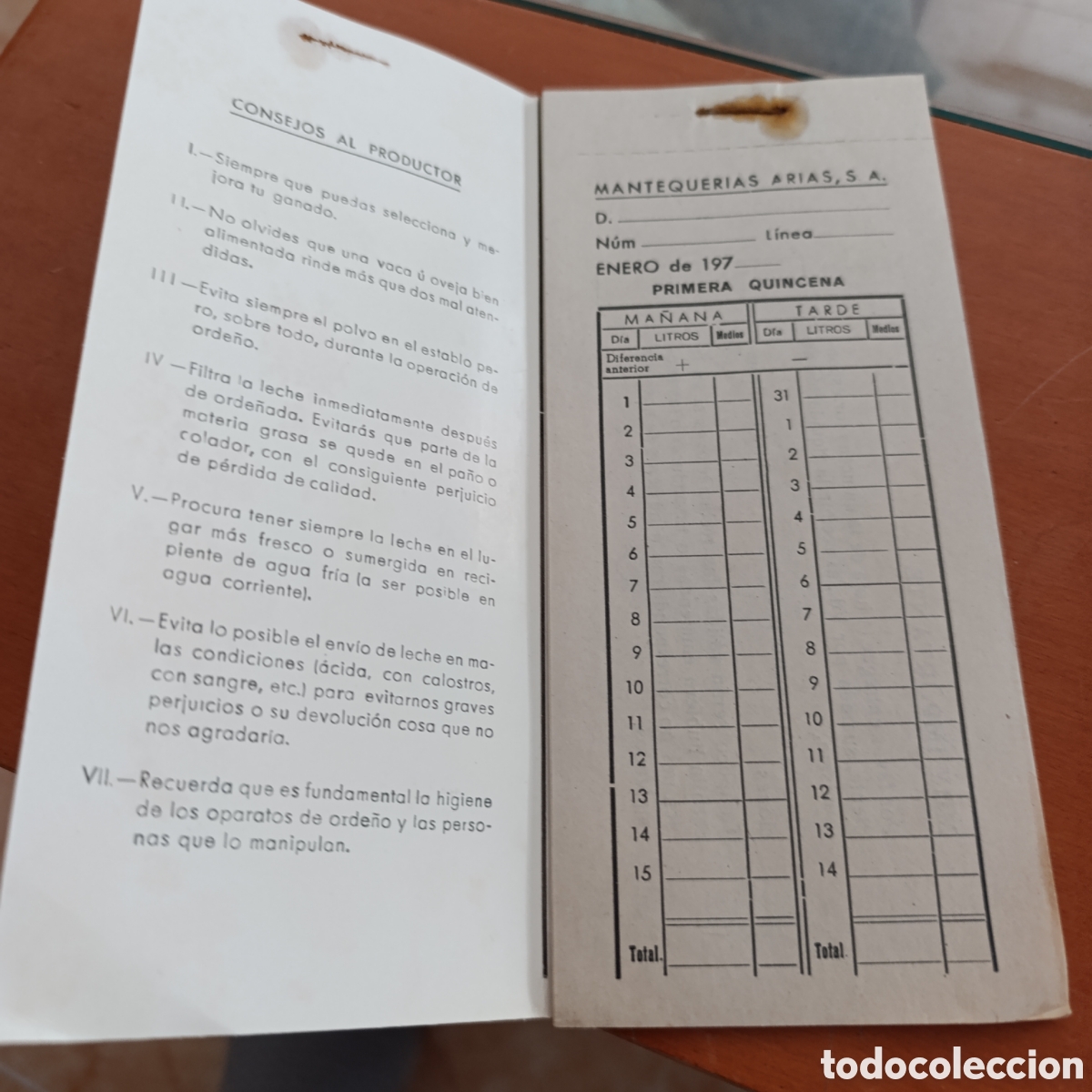 Collectionnisme Papier divers: Cartilla antigua de Mantequer&iacute;as Arias, S.A. dirigida a los productores de leche,a&ntilde;os 70