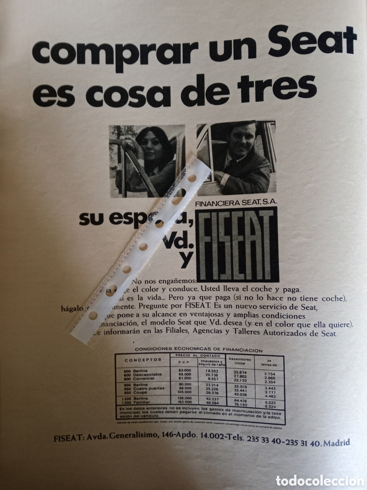 Altri oggetti di carta: Publicidad autom&oacute;vil fiseat Seat de 1968