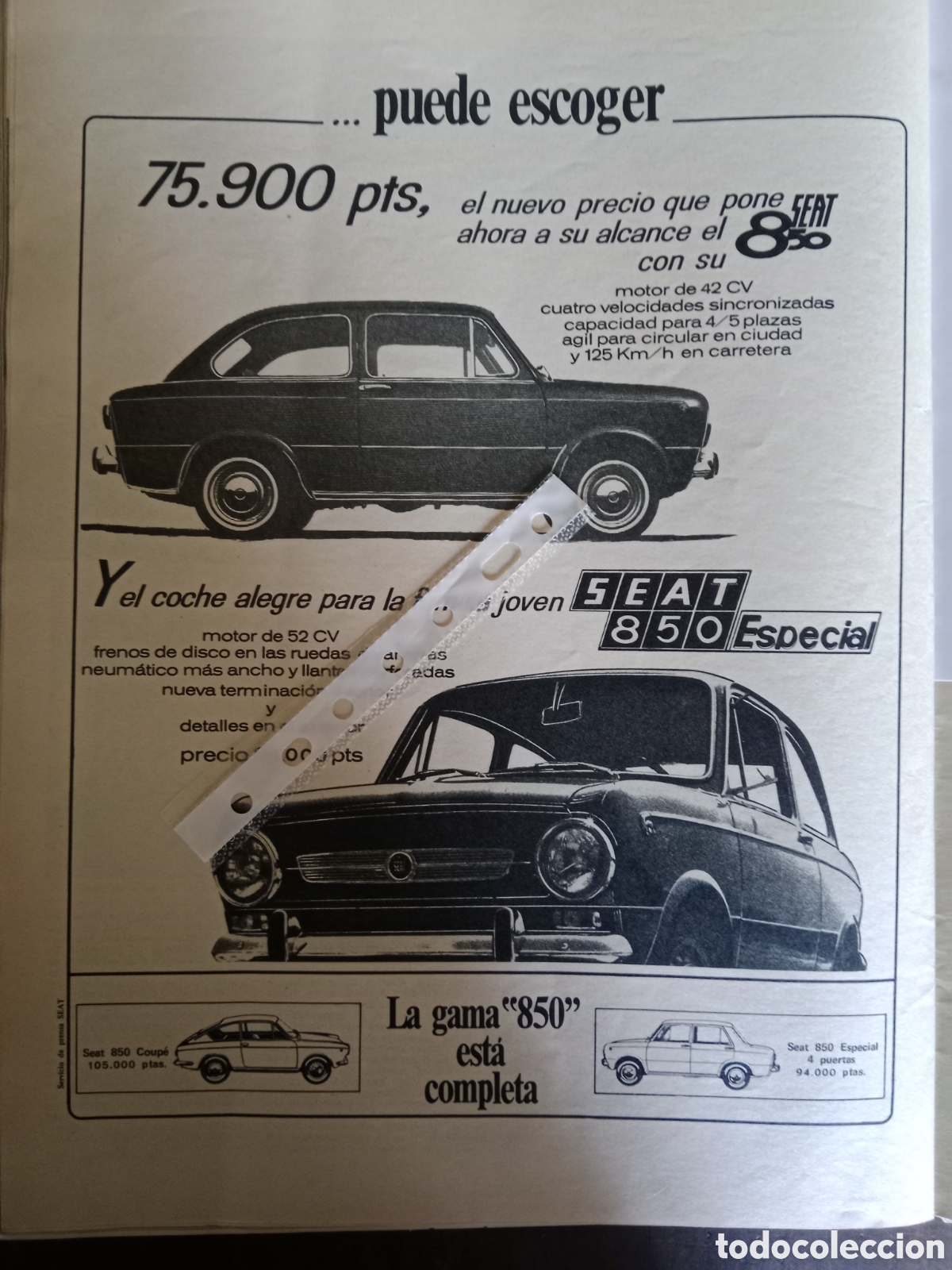Otros Art&iacute;culos de Coleccionismo en Papel: Publicidad autom&oacute;vil Seat 850 especial de 1968