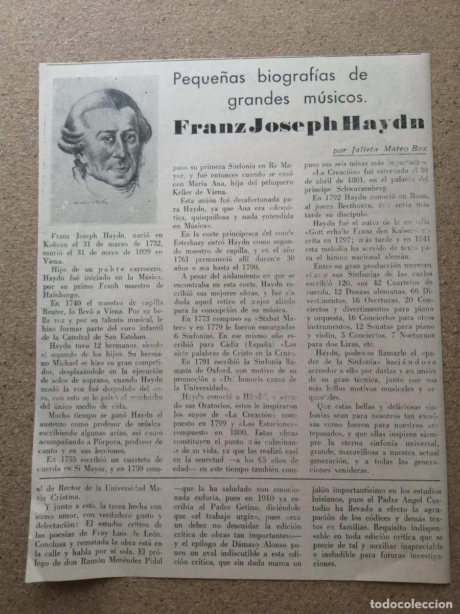 Otros Art&iacute;culos de Coleccionismo en Papel: REPORTAJE. PEQUE&Ntilde;AS BIOGRAFIAS DE GRANDES MUSICOS, FRANZ JOSPEH HAYDN