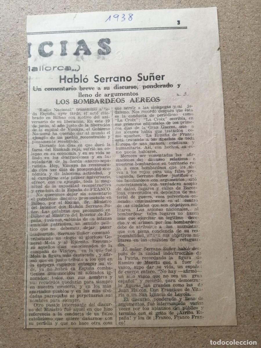 Otros Art&iacute;culos de Coleccionismo en Papel: NOTICIA DE PRENSA. HABLA SERRANO SU&Ntilde;ER (1938)