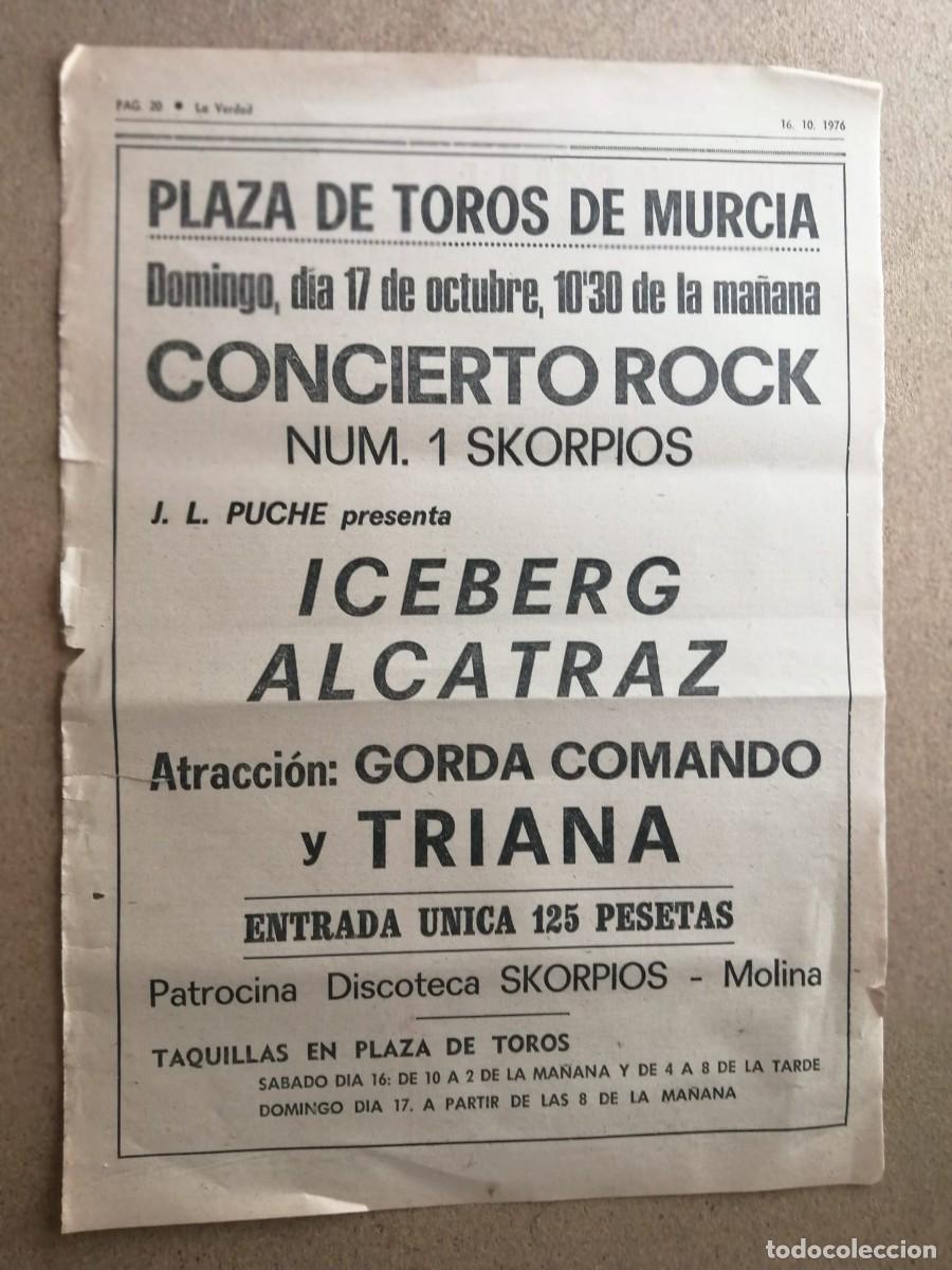 Collectionnisme Papier divers: ANUNCIO DE PRENSA. CONCIERTO ROCK 1976. ICEBERG - ALCATRAZ - TRIANA - COMANDO. PLAZA TOROS, MURCIA