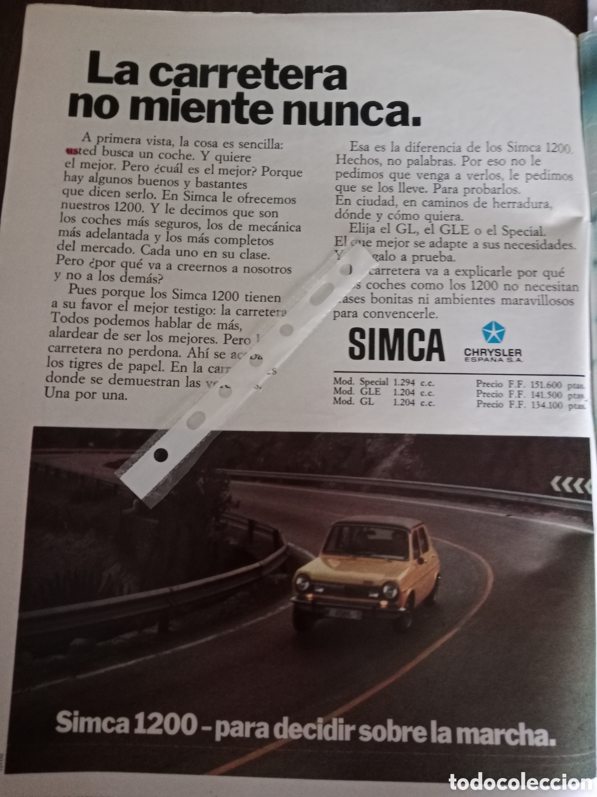 Otros Art&iacute;culos de Coleccionismo en Papel: Publicidad autom&oacute;vil Simca 1200 de 1973