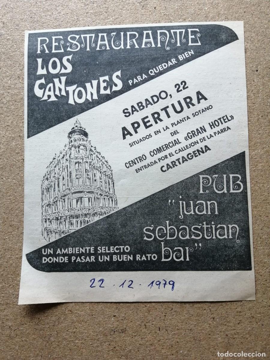 Outros artigos de papel: ANUNCIO. RESTAURANTE LOS CANTONES (CARTAGENA) 1979