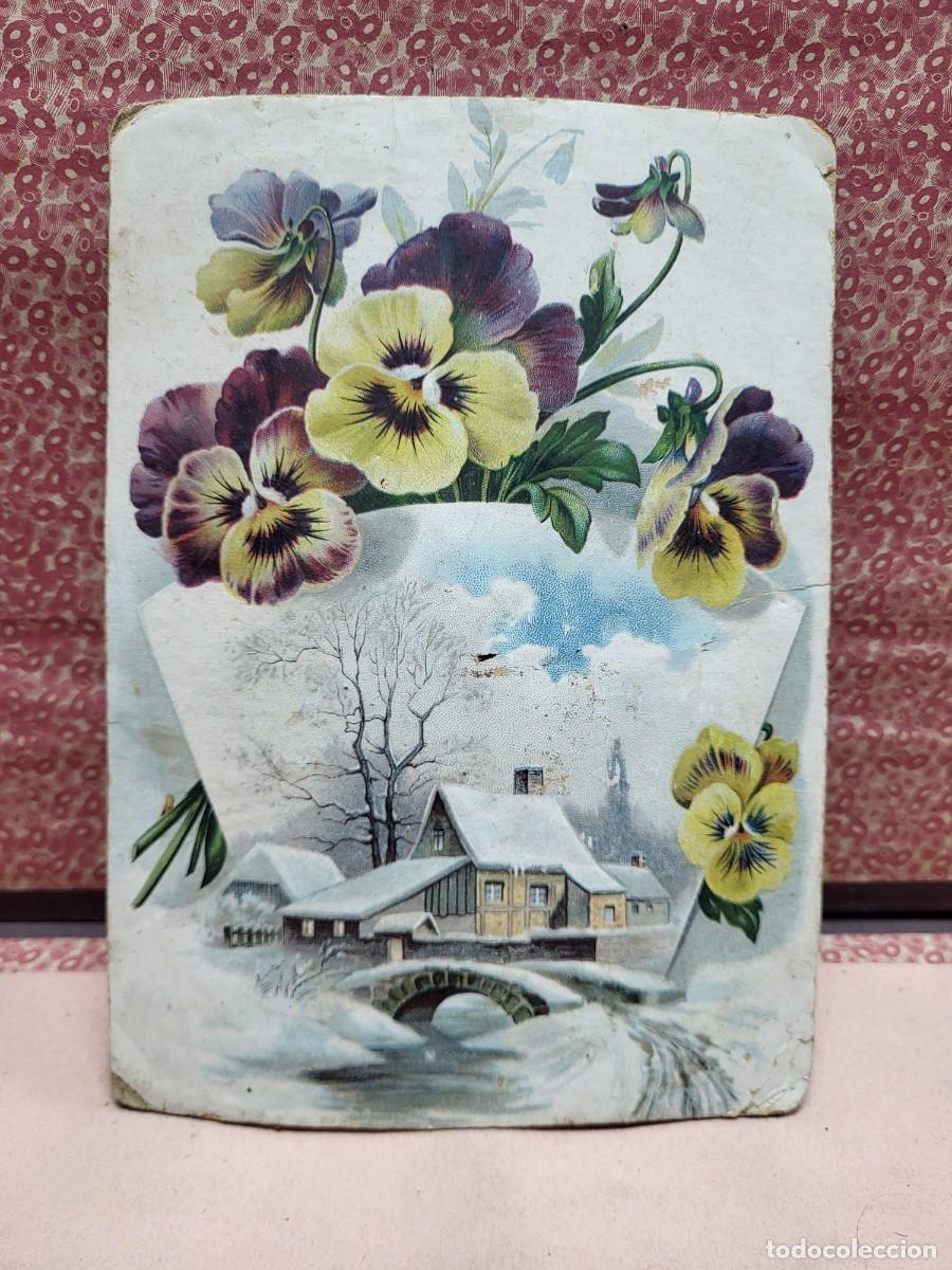 Altri oggetti di carta: ANTIGUA TARJETA CARTON ROMANTICA PAISAJE NEVADO FLORES